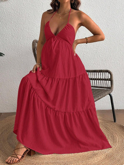 Cherish Maternity Solid Color Backless Maxi Maternity Dress Elegant Sleeveless V Neck Slim Fit Flowy Summer Gown Black