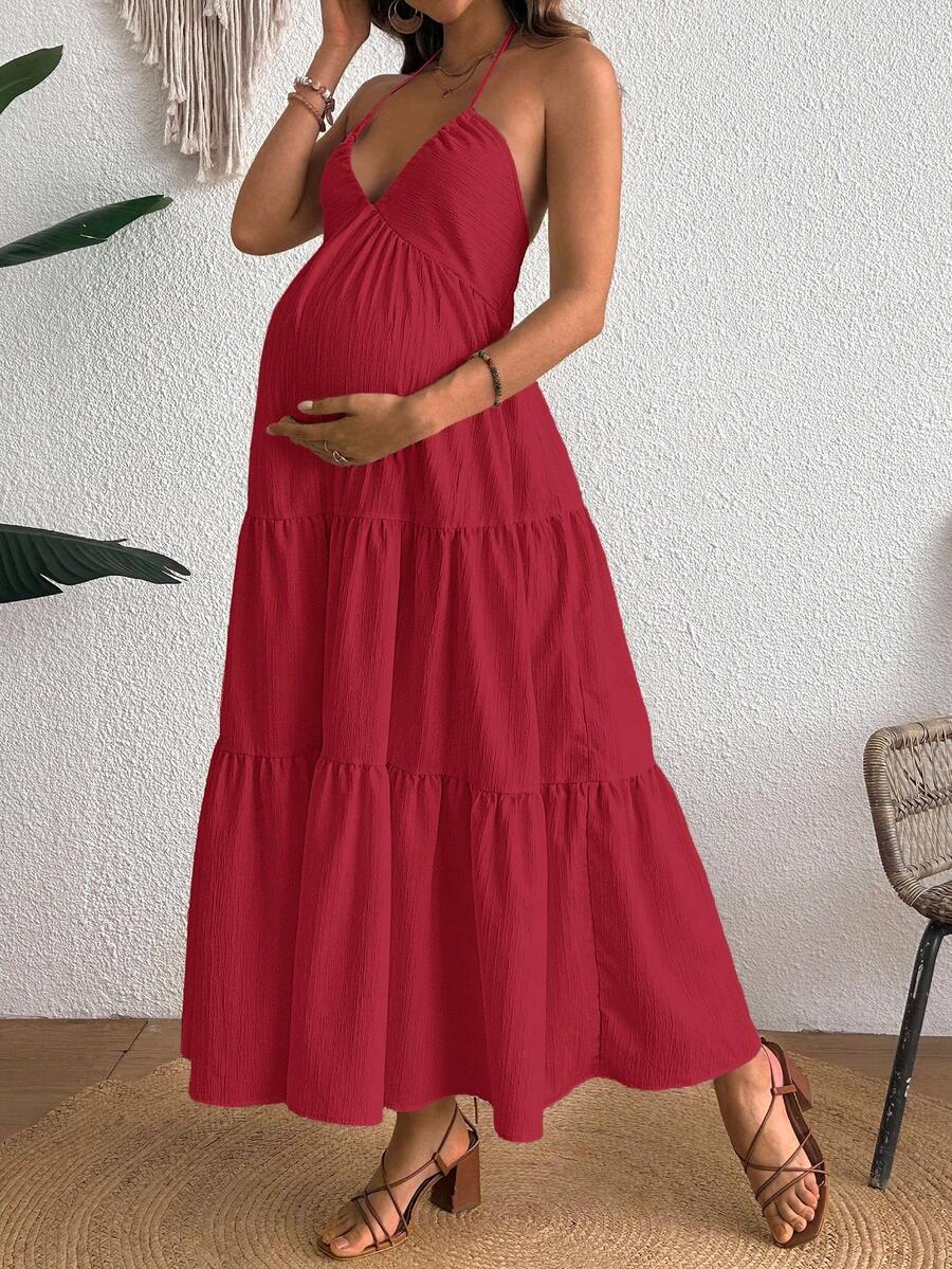 Cherish Maternity Solid Color Backless Maxi Maternity Dress Elegant Sleeveless V Neck Slim Fit Flowy Summer Gown Black