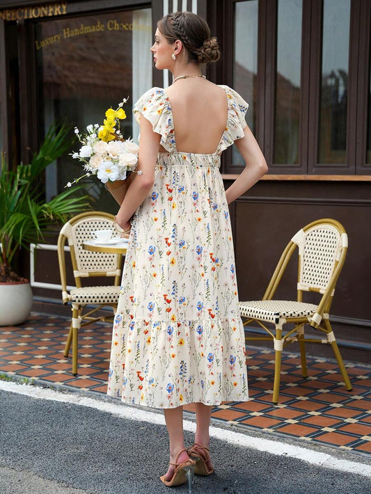 Maternity Floral A-Line Dress - Deep V Neck, Backless, Ruffle Hem, Long, Multicolor