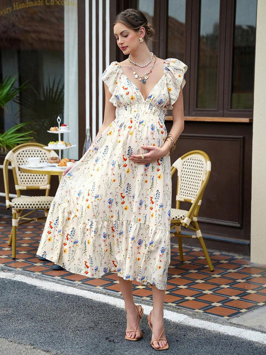 Maternity Floral A-Line Dress - Deep V Neck, Backless, Ruffle Hem, Long, Multicolor