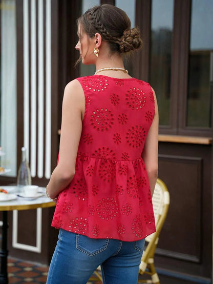 Maternity Boho Blouse - Cardigan Collar, Lace-Up Bow, Embroidered, Hollow, Red