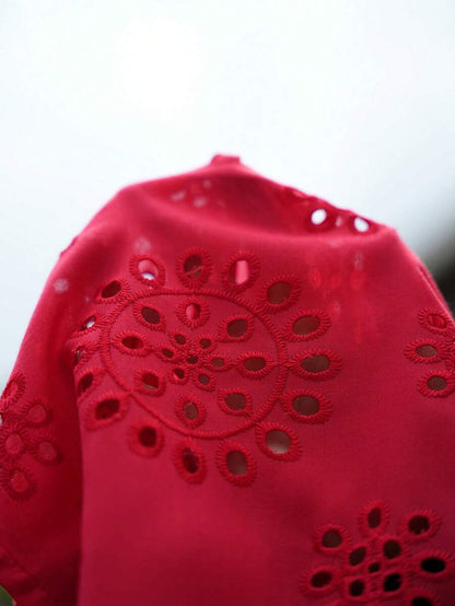 Maternity Boho Blouse - Cardigan Collar, Lace-Up Bow, Embroidered, Hollow, Red