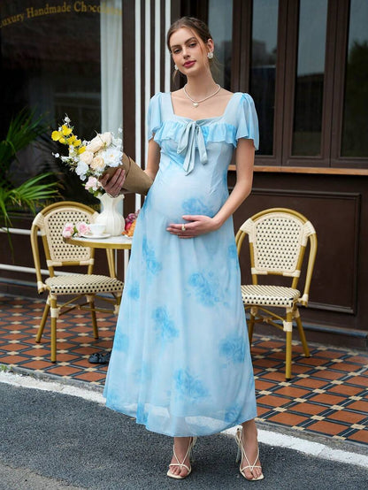 Maternity Tie Dye A-Line Maxi Dress - Square Neck, Puff Sleeve, Ruffle, Slim Fit, Baby Blue