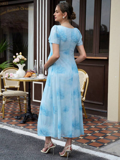 Maternity Tie Dye A-Line Maxi Dress - Square Neck, Puff Sleeve, Ruffle, Slim Fit, Baby Blue