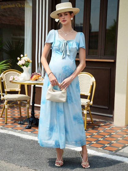 Maternity Tie Dye A-Line Maxi Dress - Square Neck, Puff Sleeve, Ruffle, Slim Fit, Baby Blue
