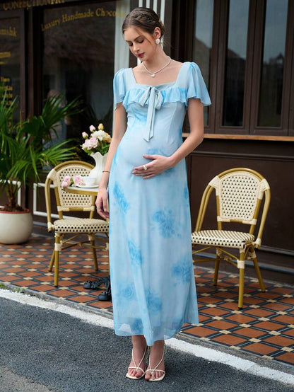 Maternity Tie Dye A-Line Maxi Dress - Square Neck, Puff Sleeve, Ruffle, Slim Fit, Baby Blue