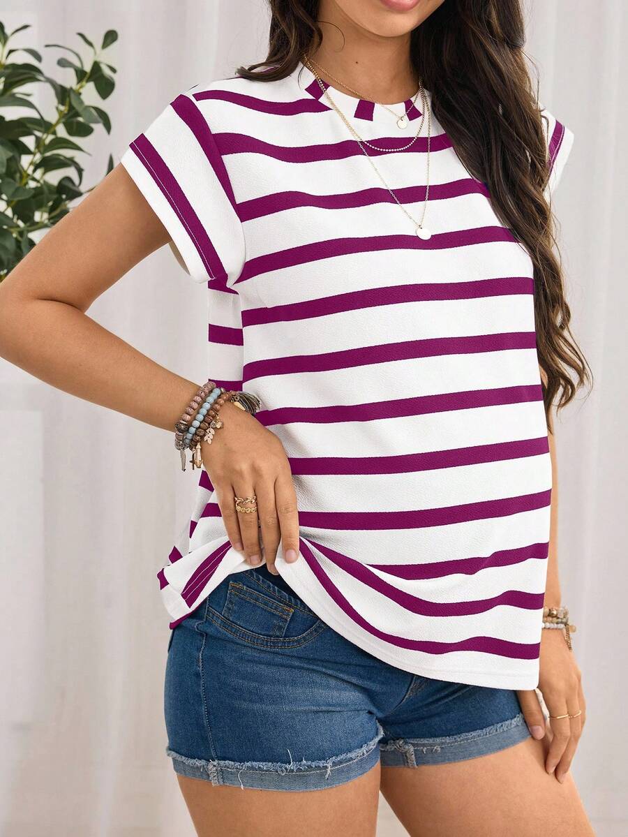 Navy Blue Striped Maternity T-Shirt - Loose Fit Batwing Sleeve Round Neck Summer Top - Casual Knitted Cap Sleeve Pregnancy Shirt