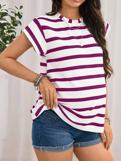 Navy Blue Striped Maternity T-Shirt - Loose Fit Batwing Sleeve Round Neck Summer Top - Casual Knitted Cap Sleeve Pregnancy Shirt