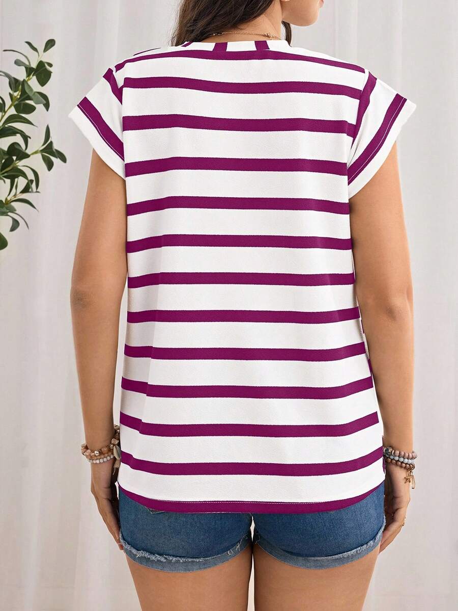 Navy Blue Striped Maternity T-Shirt - Loose Fit Batwing Sleeve Round Neck Summer Top - Casual Knitted Cap Sleeve Pregnancy Shirt