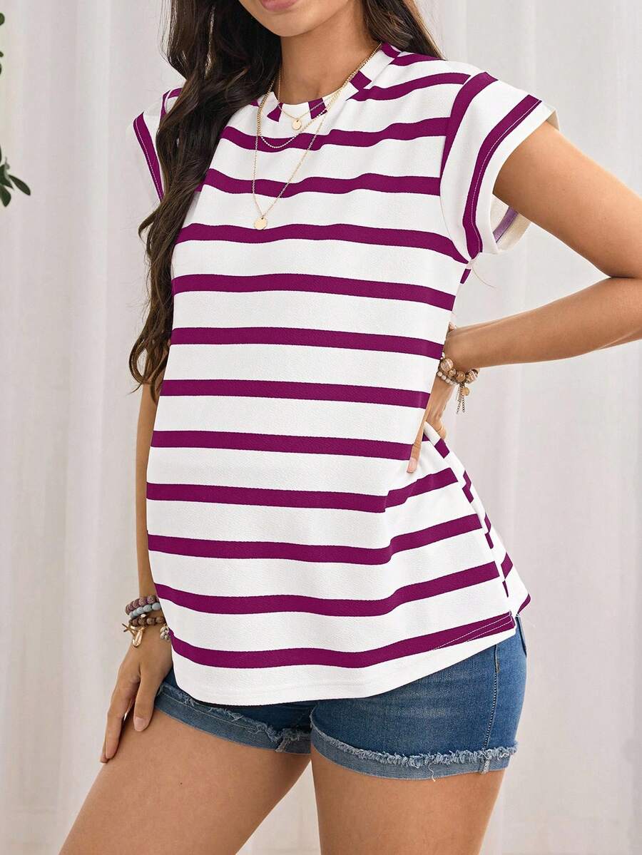 Navy Blue Striped Maternity T-Shirt - Loose Fit Batwing Sleeve Round Neck Summer Top - Casual Knitted Cap Sleeve Pregnancy Shirt