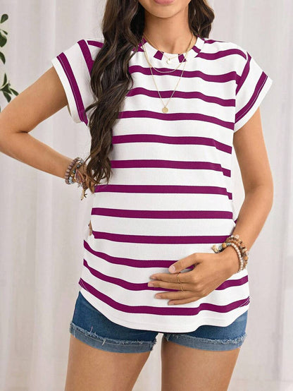 Navy Blue Striped Maternity T-Shirt - Loose Fit Batwing Sleeve Round Neck Summer Top - Casual Knitted Cap Sleeve Pregnancy Shirt