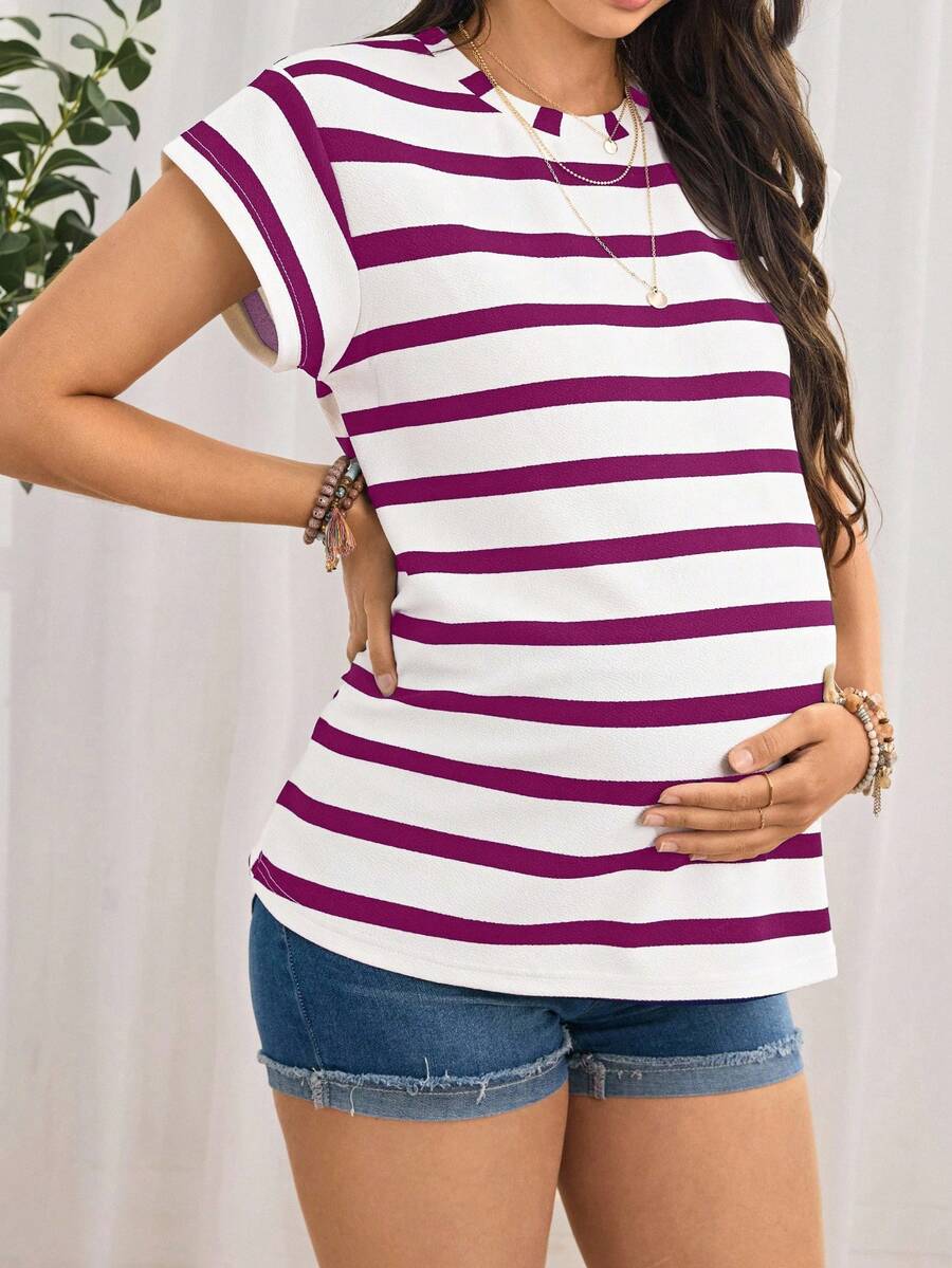 Navy Blue Striped Maternity T-Shirt - Loose Fit Batwing Sleeve Round Neck Summer Top - Casual Knitted Cap Sleeve Pregnancy Shirt
