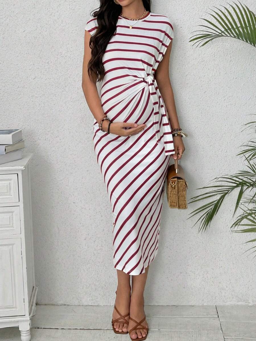 Maternity Striped Cap Sleeve Midi Dress with Side Tie Waist Elegant Round Neck Knitted Pregnancy Bodycon Dress for Daily Wear
