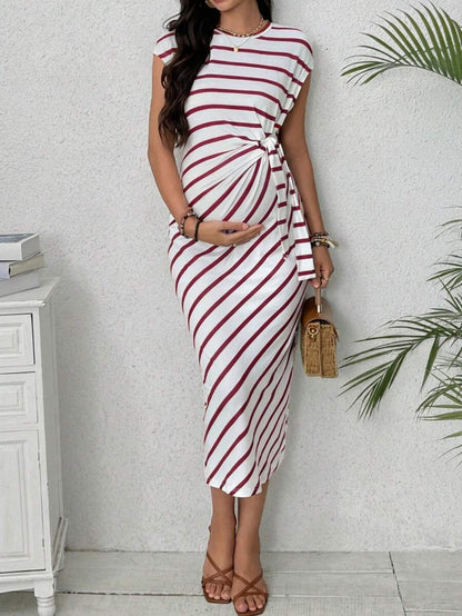Maternity Striped Cap Sleeve Midi Dress with Side Tie Waist Elegant Round Neck Knitted Pregnancy Bodycon Dress for Daily Wear