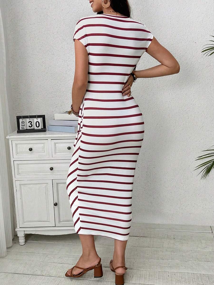 Maternity Striped Cap Sleeve Midi Dress with Side Tie Waist Elegant Round Neck Knitted Pregnancy Bodycon Dress for Daily Wear