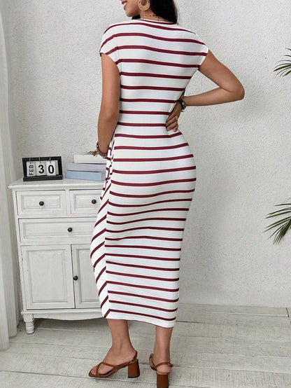 Maternity Striped Cap Sleeve Midi Dress with Side Tie Waist Elegant Round Neck Knitted Pregnancy Bodycon Dress for Daily Wear
