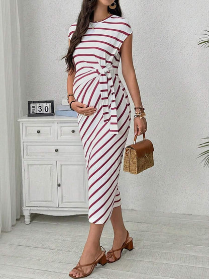 Maternity Striped Cap Sleeve Midi Dress with Side Tie Waist Elegant Round Neck Knitted Pregnancy Bodycon Dress for Daily Wear