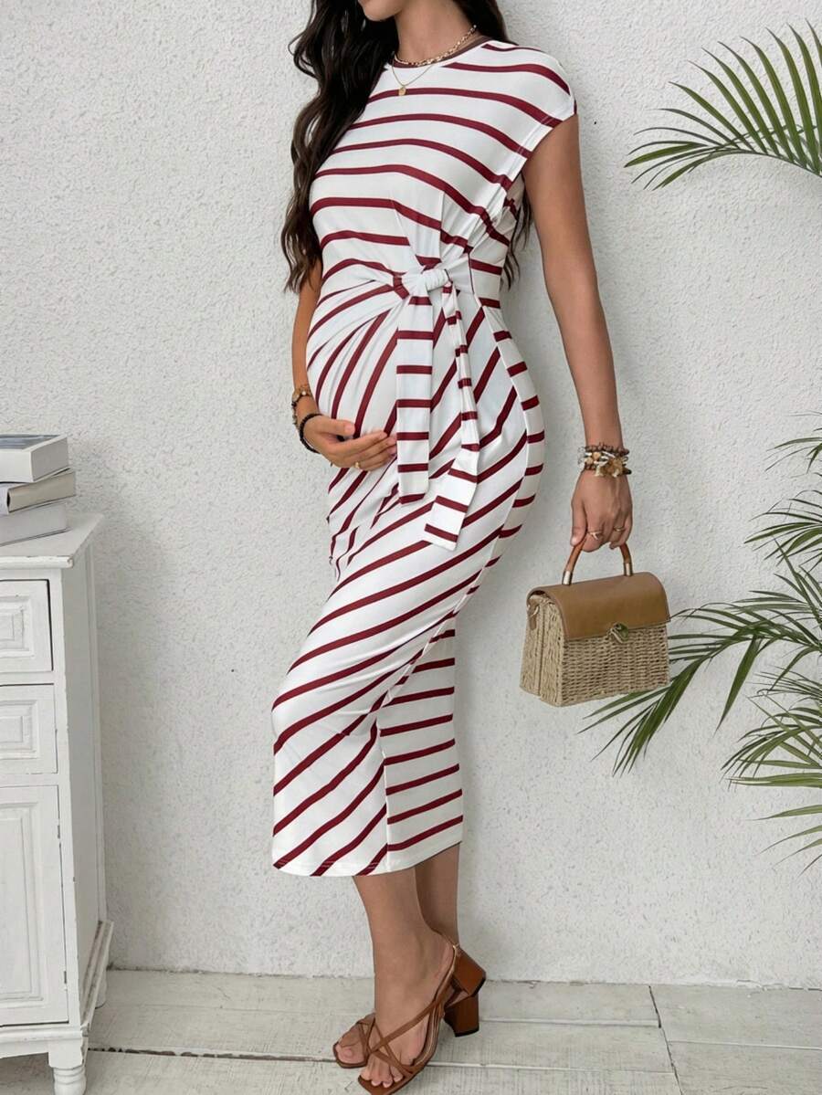 Maternity Striped Cap Sleeve Midi Dress with Side Tie Waist Elegant Round Neck Knitted Pregnancy Bodycon Dress for Daily Wear