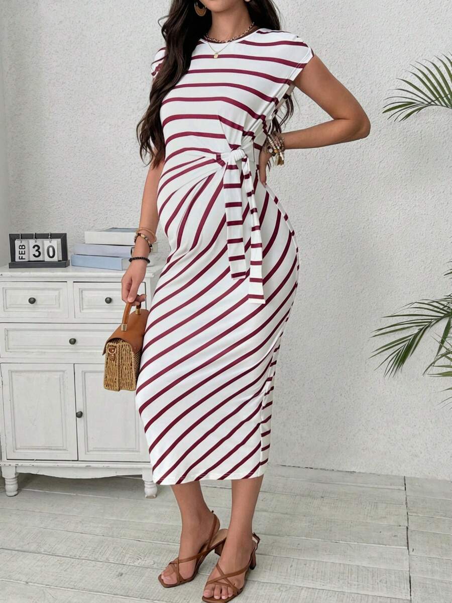 Maternity Striped Cap Sleeve Midi Dress with Side Tie Waist Elegant Round Neck Knitted Pregnancy Bodycon Dress for Daily Wear