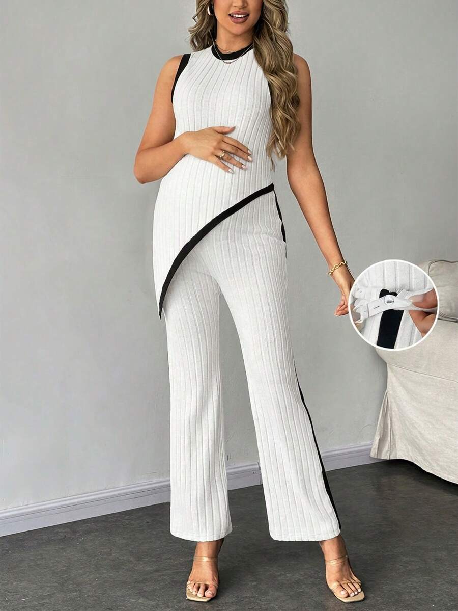 2-Piece Maternity Slim Fit Sleeveless Top and Straight Leg Pants Set - Asymmetrical Round Neck High Stretch Knit Casual Lounge Set