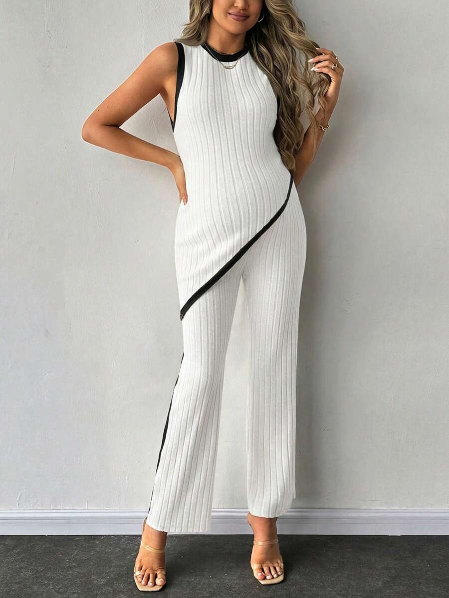 2-Piece Maternity Slim Fit Sleeveless Top and Straight Leg Pants Set - Asymmetrical Round Neck High Stretch Knit Casual Lounge Set