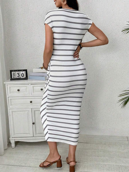 Maternity Striped Cap Sleeve Midi Dress with Side Tie Waist Elegant Round Neck Knitted Pregnancy Bodycon Dress for Daily Wear