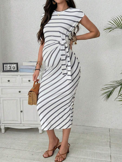 Maternity Striped Cap Sleeve Midi Dress with Side Tie Waist Elegant Round Neck Knitted Pregnancy Bodycon Dress for Daily Wear