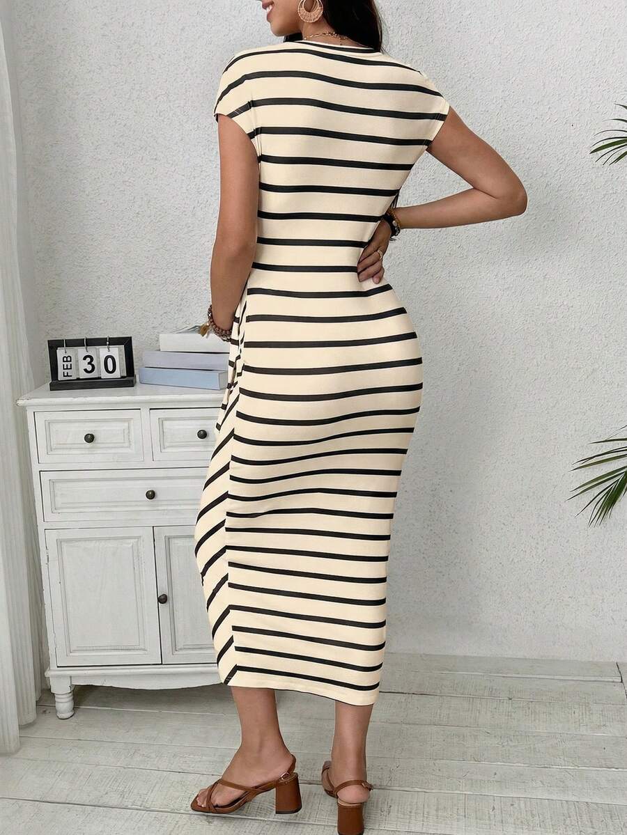 Maternity Striped Cap Sleeve Midi Dress with Side Tie Waist Elegant Round Neck Knitted Pregnancy Bodycon Dress for Daily Wear