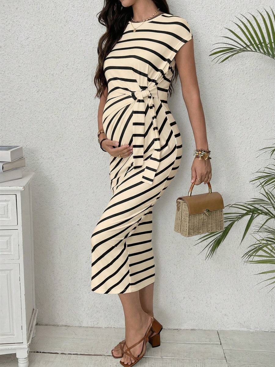 Maternity Striped Cap Sleeve Midi Dress with Side Tie Waist Elegant Round Neck Knitted Pregnancy Bodycon Dress for Daily Wear