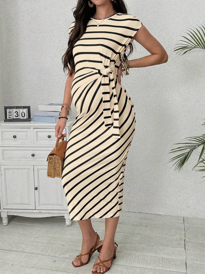 Maternity Striped Cap Sleeve Midi Dress with Side Tie Waist Elegant Round Neck Knitted Pregnancy Bodycon Dress for Daily Wear