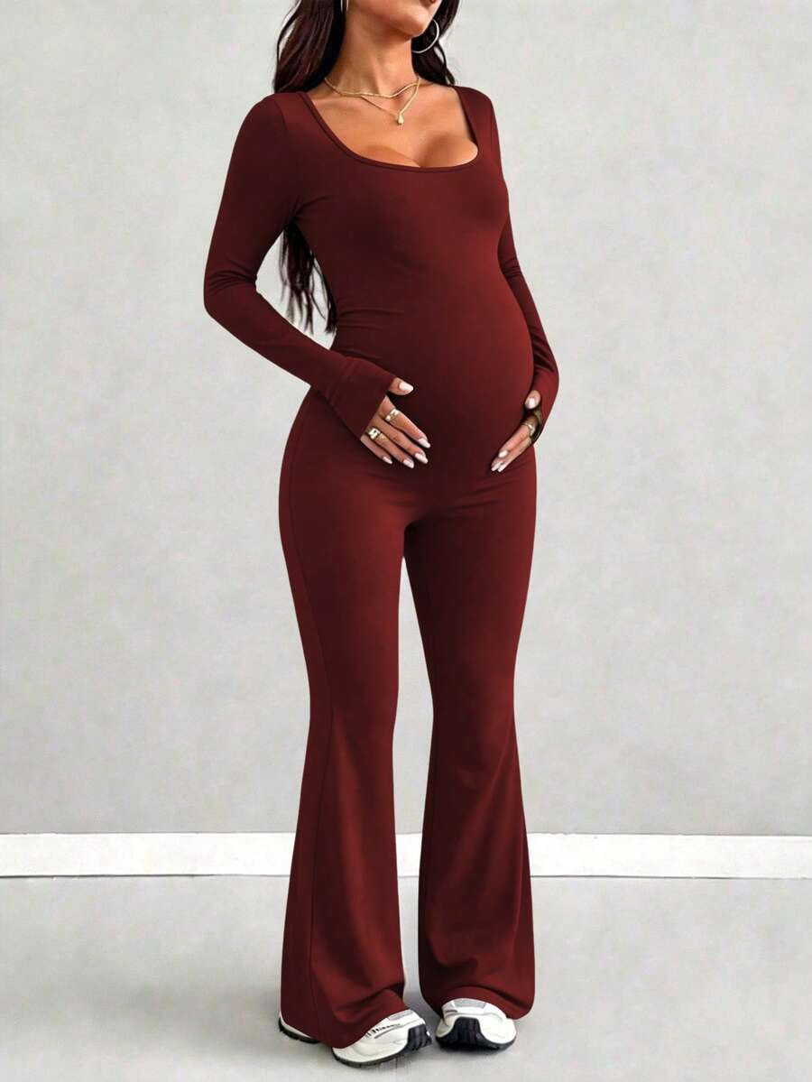Maternity Long Sleeve Jumpsuit, Tight & Comfortable Casual Outfit
