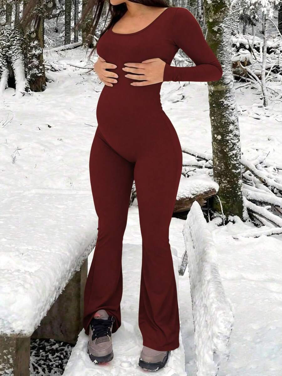 Maternity Long Sleeve Jumpsuit, Tight & Comfortable Casual Outfit