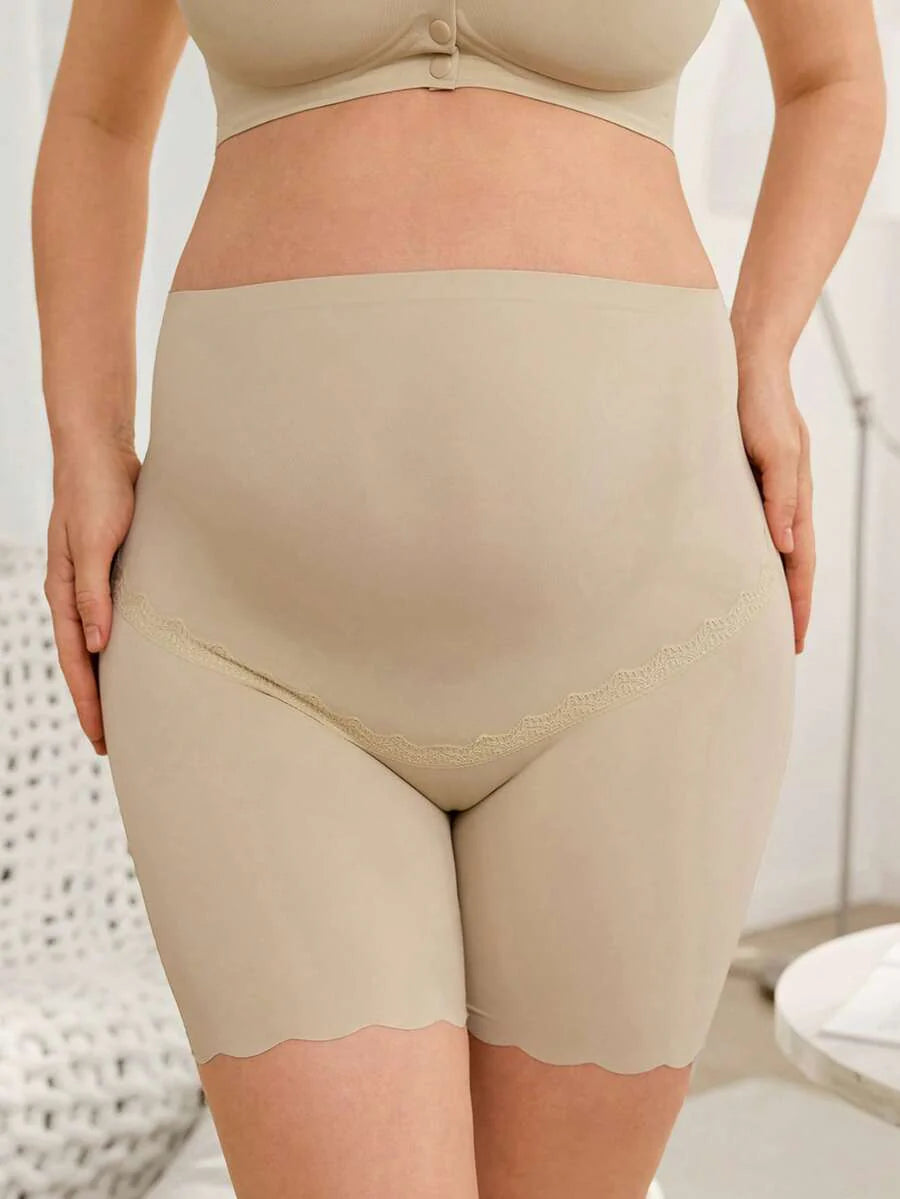 Maternity Seamless Lace Patchwork Briefs - High Rise Coffee Brown Scallop Trim Comfortable Pregnancy Underwear