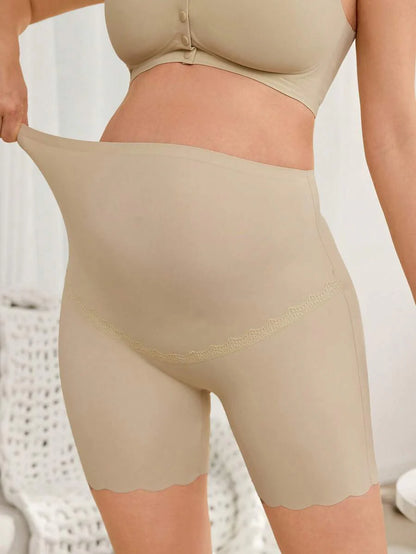 Maternity Seamless Lace Patchwork Briefs - High Rise Coffee Brown Scallop Trim Comfortable Pregnancy Underwear