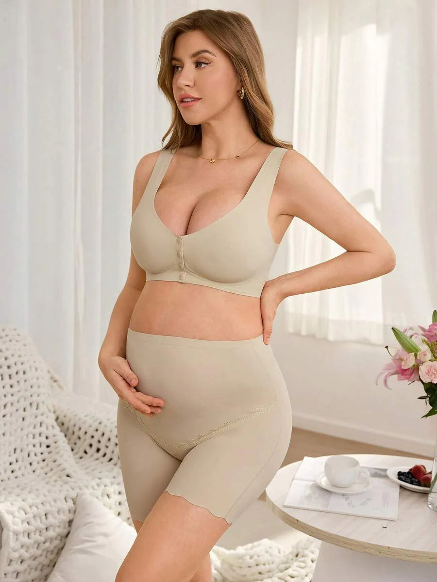 Maternity Seamless Lace Patchwork Briefs - High Rise Coffee Brown Scallop Trim Comfortable Pregnancy Underwear