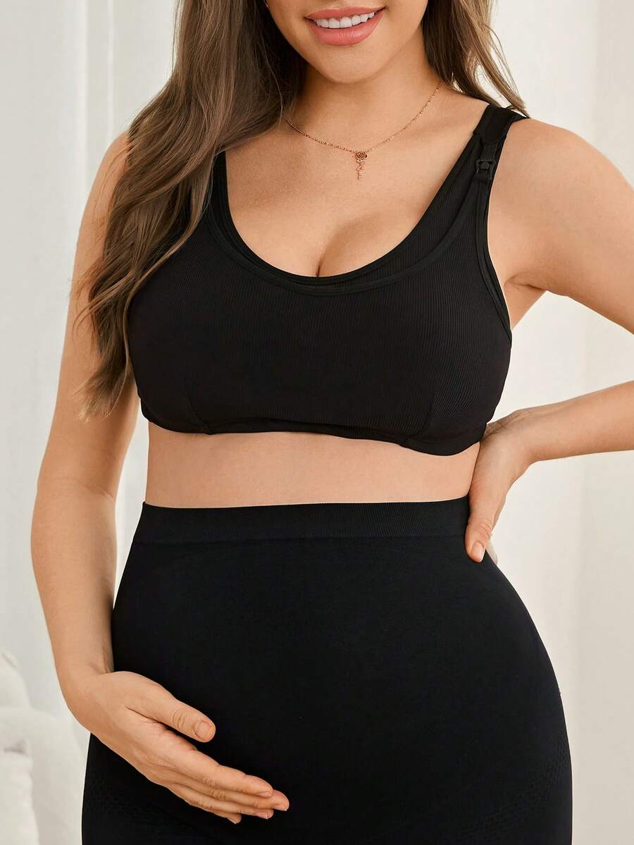 Black Ribbed Nursing Bra - Wireless Front-Close Maternity Bralette with Removable Padding and High Stretch Knitted Fabric