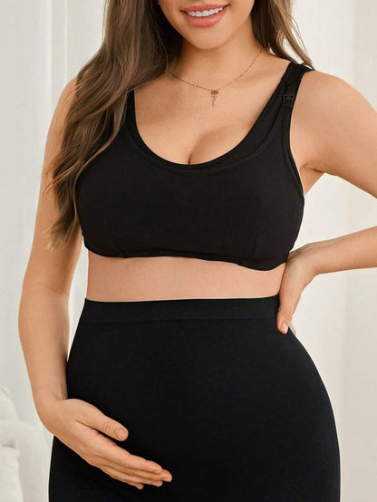 Black Ribbed Nursing Bra - Wireless Front-Close Maternity Bralette with Removable Padding and High Stretch Knitted Fabric
