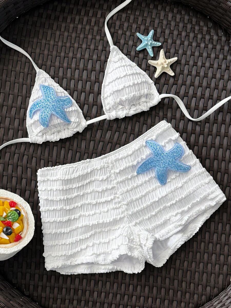 Women's 2-Piece Textured Bikini Set - Starfish Decor Halter, Tie Waist Shorts, Pale Yellow