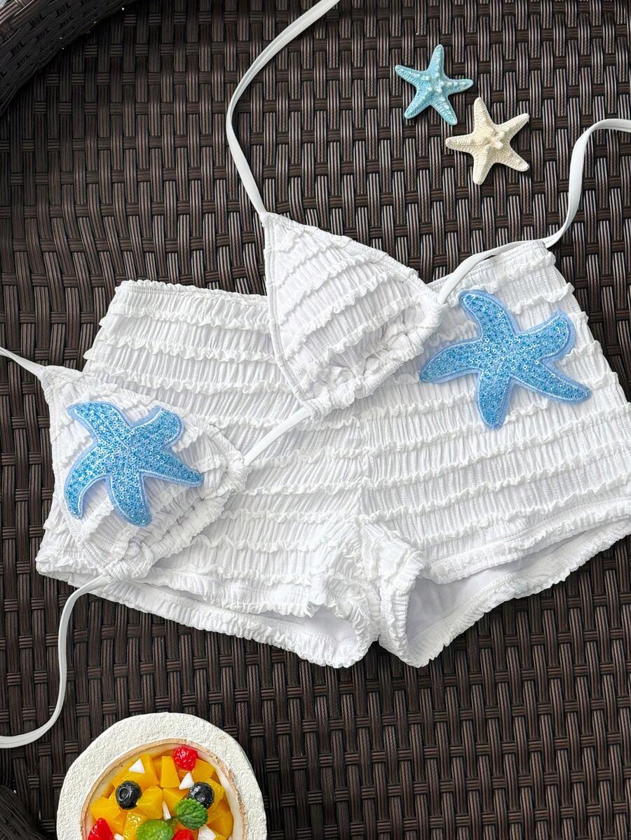 Women's 2-Piece Textured Bikini Set - Starfish Decor Halter, Tie Waist Shorts, Pale Yellow