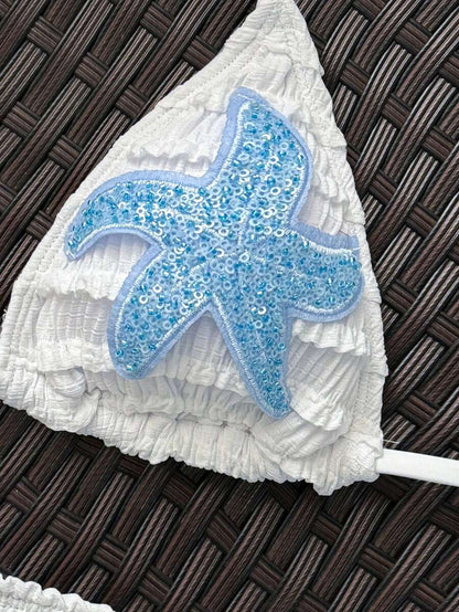 Women's 2-Piece Textured Bikini Set - Starfish Decor Halter, Tie Waist Shorts, Pale Yellow