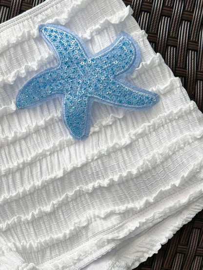 Women's 2-Piece Textured Bikini Set - Starfish Decor Halter, Tie Waist Shorts, Pale Yellow