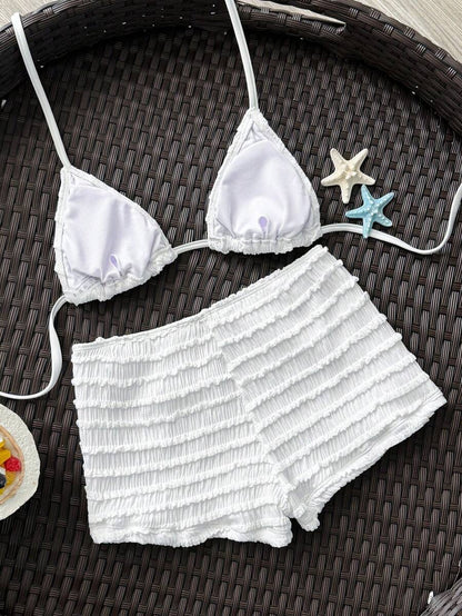 Women's 2-Piece Textured Bikini Set - Starfish Decor Halter, Tie Waist Shorts, Pale Yellow