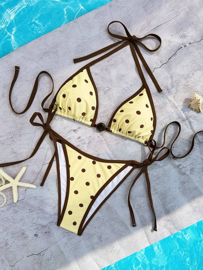 Swim Vcay Women's Summer Beach Contrast Color Halter Tie Sexy Bikini And Triangle Panty Swimwear Set Blue Bikini Yacht Party Outfit Vacation Bikini Boat Party Outfit Women Tie Side Bikini Triangle Bikini Set Light Blue Bikini