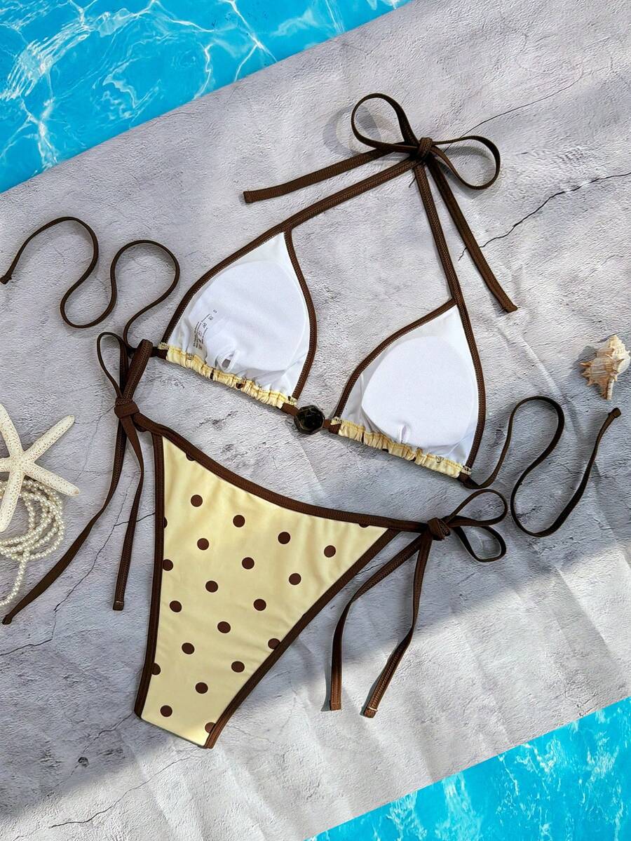 Swim Vcay Women's Summer Beach Contrast Color Halter Tie Sexy Bikini And Triangle Panty Swimwear Set Blue Bikini Yacht Party Outfit Vacation Bikini Boat Party Outfit Women Tie Side Bikini Triangle Bikini Set Light Blue Bikini