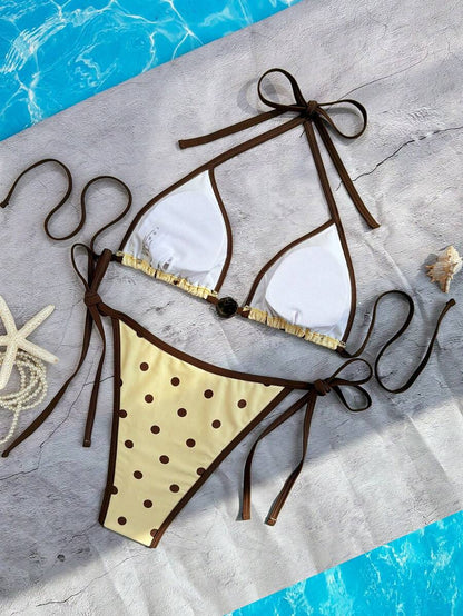 Swim Vcay Women's Summer Beach Contrast Color Halter Tie Sexy Bikini And Triangle Panty Swimwear Set Blue Bikini Yacht Party Outfit Vacation Bikini Boat Party Outfit Women Tie Side Bikini Triangle Bikini Set Light Blue Bikini