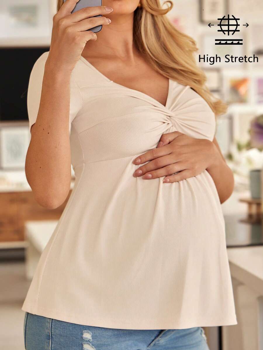 Maternity Short Sleeve Front Twist T-Shirt - Apricot Deep V-Neck Slim Fit Flared Hem Summer Casual Top