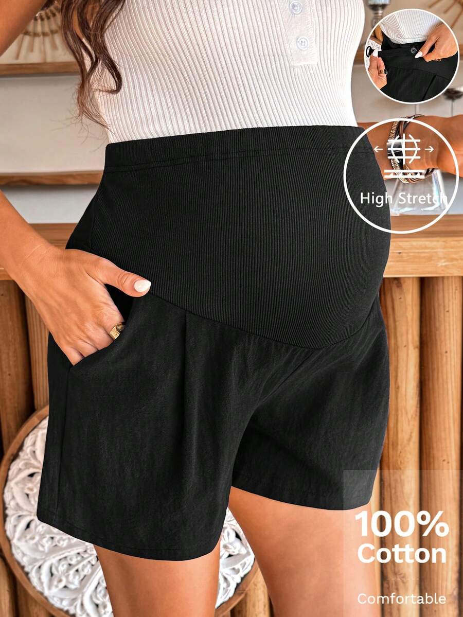 Maternity Solid Color Casual Shorts - Adjustable Waist with Pockets