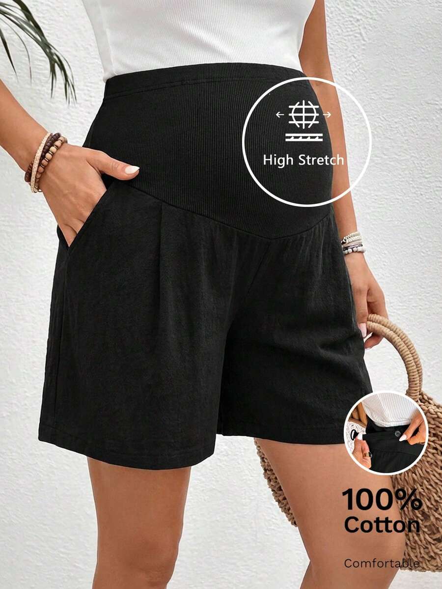 Maternity Solid Color Casual Shorts - Adjustable Waist with Pockets