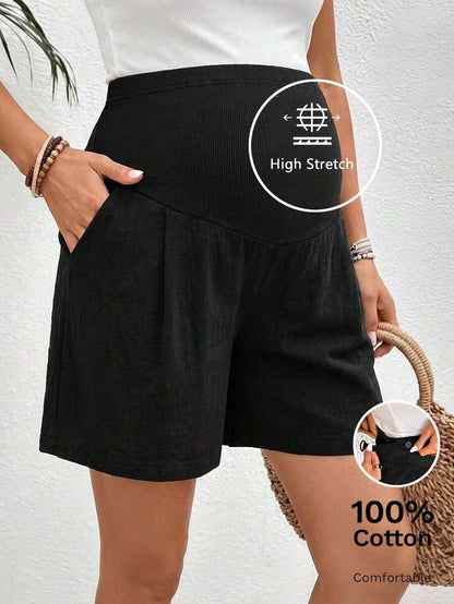 Maternity Solid Color Casual Shorts - Adjustable Waist with Pockets