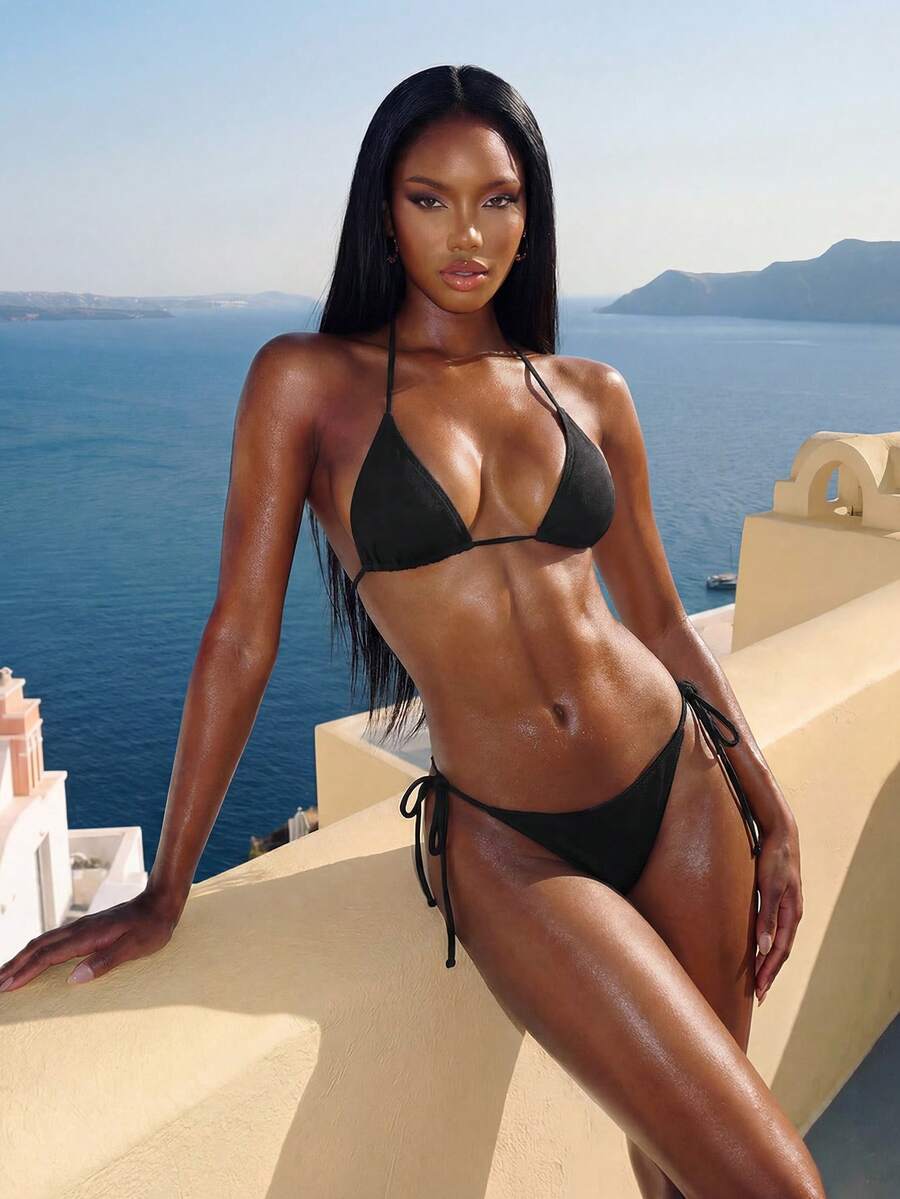 Swim Vcay 2026 Spring/Summer Green Special Fabric Women's Swimwear, Spaghetti Strap Halter Solid Color Sexy Side Tie Thong Bikini Two-Piece Swimwear Teal Bikini Tie Bikini Set Textured Bikini Triangle Bikini Triangle Bikini Set